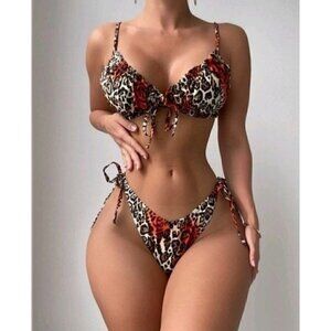 Leopard Print Tie-Side Bikini Set – Red & Animal Print Swimwear